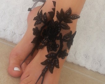 Free Ship bridal anklet black embrodeired beach wedding barefoot sandals bangle anklet bridal handmade country wedding feet accessories