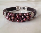 Dark Brown Licorice-Style Leather Bracelet with Burgundy Wine Freshwater Pearls Dark Brown Licorice-Style Leather Bracelet with Burgundy Wine Freshwater Pearls