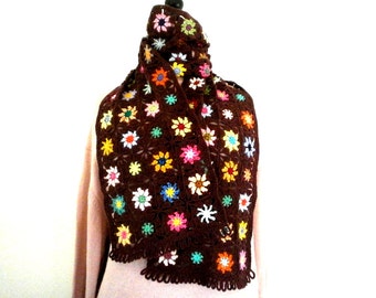 Scarf crochet granny multicolored flowers on dark maroon background