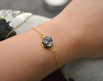 Gold Chain Druzy Bracelet | Drusy Charm Bracelet | Dark Grey or Silver Grey Resin Druzy Bracelet