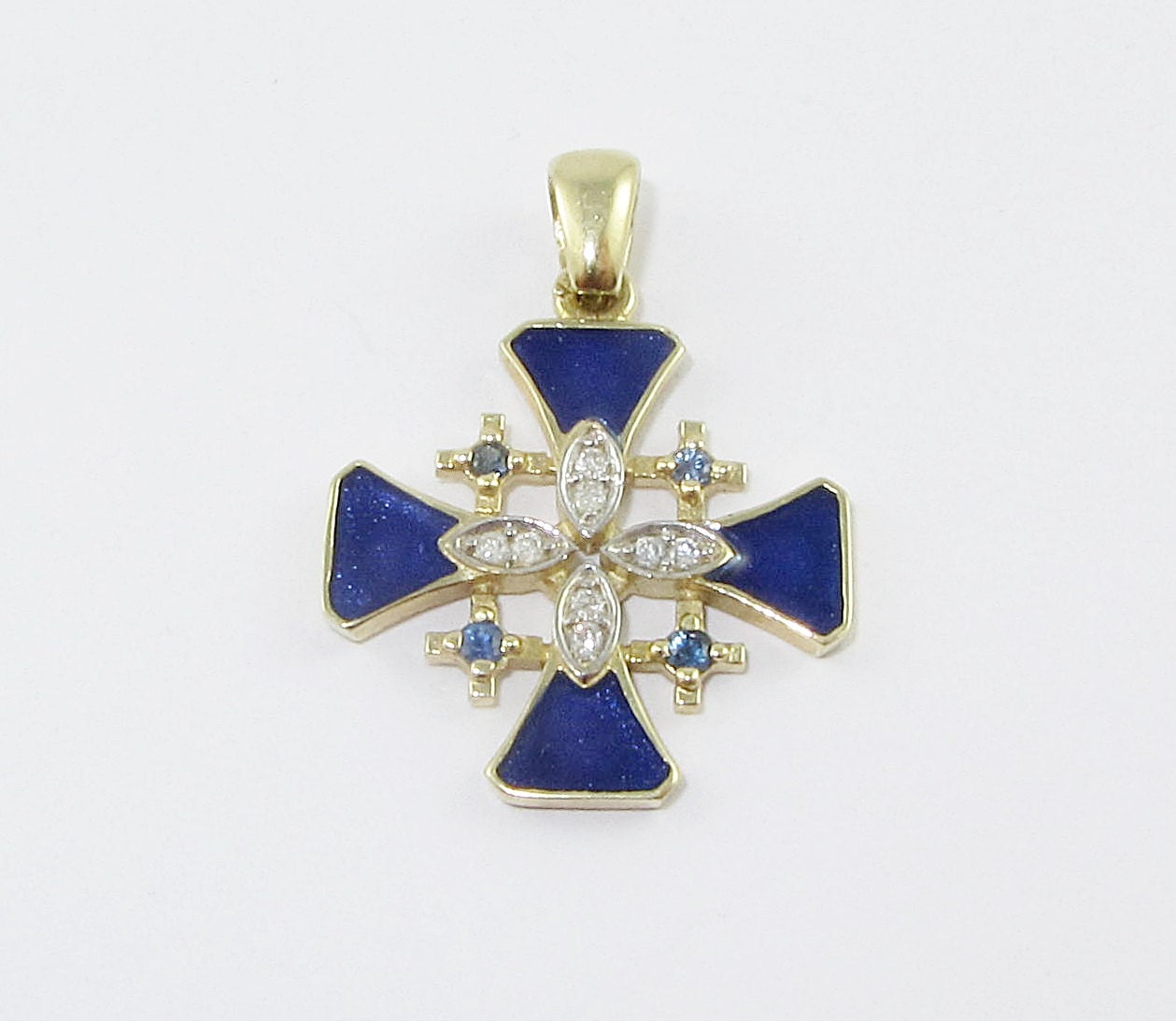 14K Gold Jerusalem Cross Diamond Blue Genuine by OlegGoldsmith
