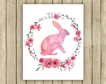 Nursery art print baby girl wall art printable pink rabbit and flower wreath watercolor nursery poster downloadable nursery decor art print
