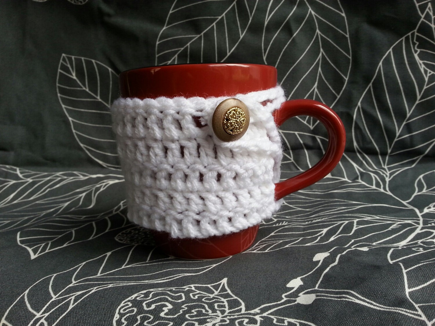 White Crochet Mug Cozy with Vintage Button by KeraAshley on Etsy