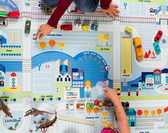 Cars Playmat , City and Roads Play, Practical Rug for kids, Light Blue Carpet for Boys