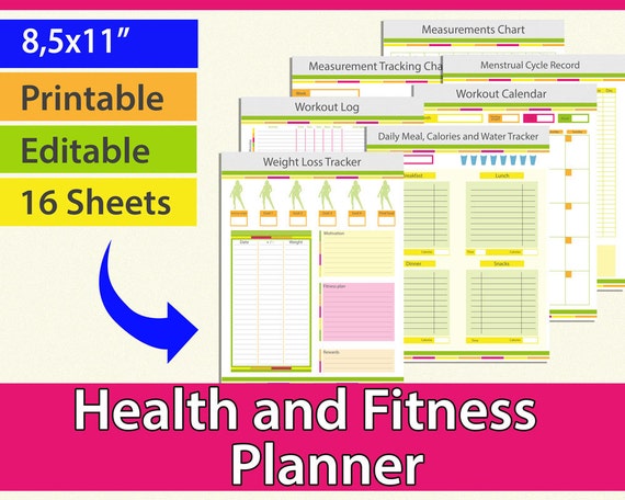 Fitness planner editable, Fitness Planner, Health Planner, Track calories, Weight Loss Planner, fitness printable 8.5 x 11" PDF