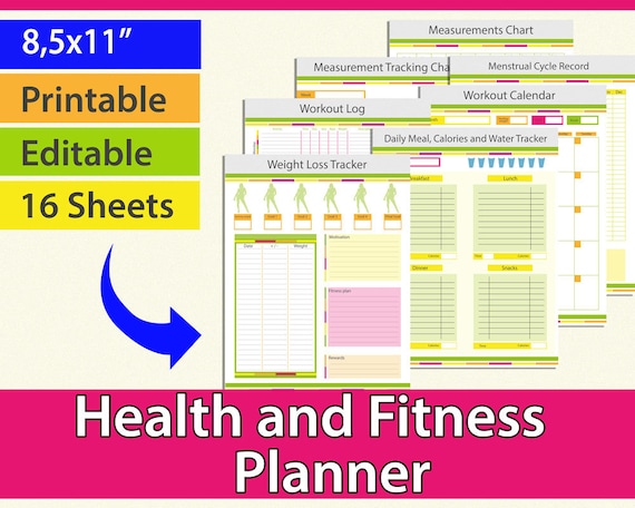 Fitness planner editable, Fitness Planner, Health Planner, Track calories, Weight Loss Planner, fitness printable 8.5 x 11" PDF