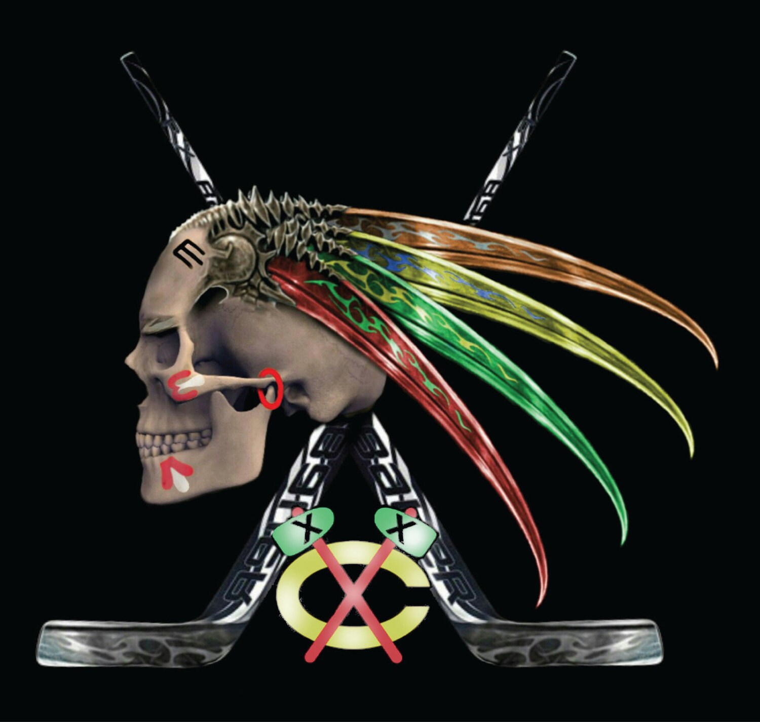 Chicago Blackhawks Skull Hawk w/Tomahawk & Feathers