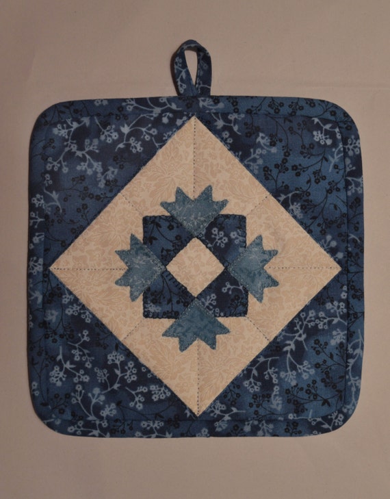 Quilted Pot Holder Blue and Beige Quilt by OpalsFarmCreations