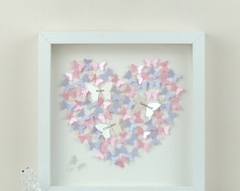 Personalised Wall Art With 3D Paper Butterflies. Beautiful 3D Butterfly Wall Art For A Personalised Gift, Framed Wall Art - Heart Paper Art