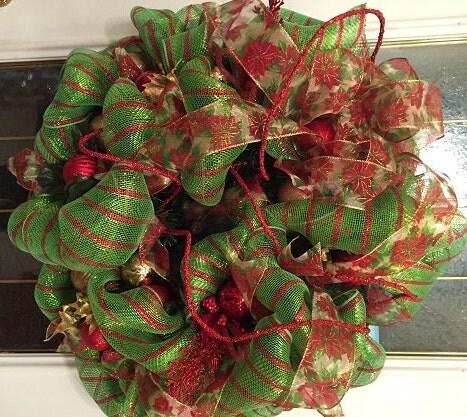 Bright Festive Green Deco Mesh Holiday Wreath with Poinesttia Ribbon by WreathsAndUniques
