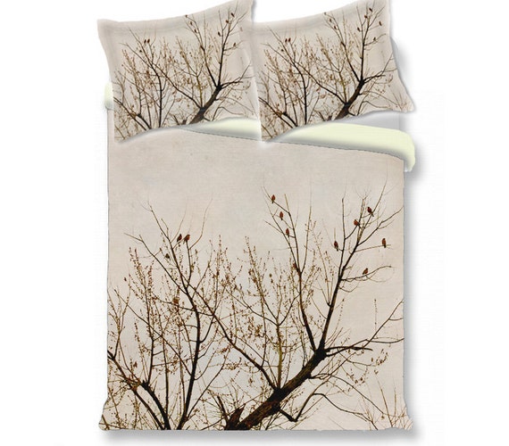 Tree duvet cover branches red birds nature, beige brown duvet cover