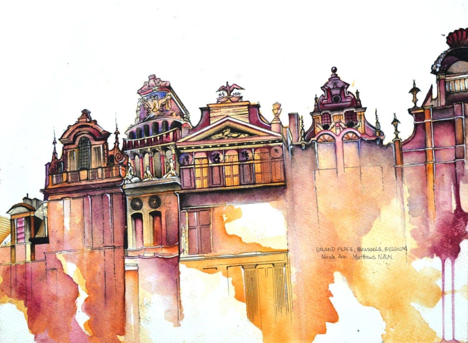 Grand Place Brussels Watercolor Painting Belgium art