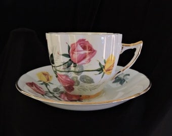 Royal London Bone China - Pink and Yellow Roses Tea Cup and Saucer