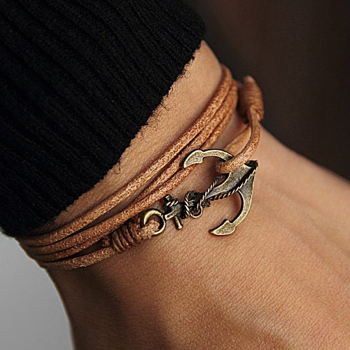 Natural Tan Leather WRAP braceletNautical Jewelry by July8Designs