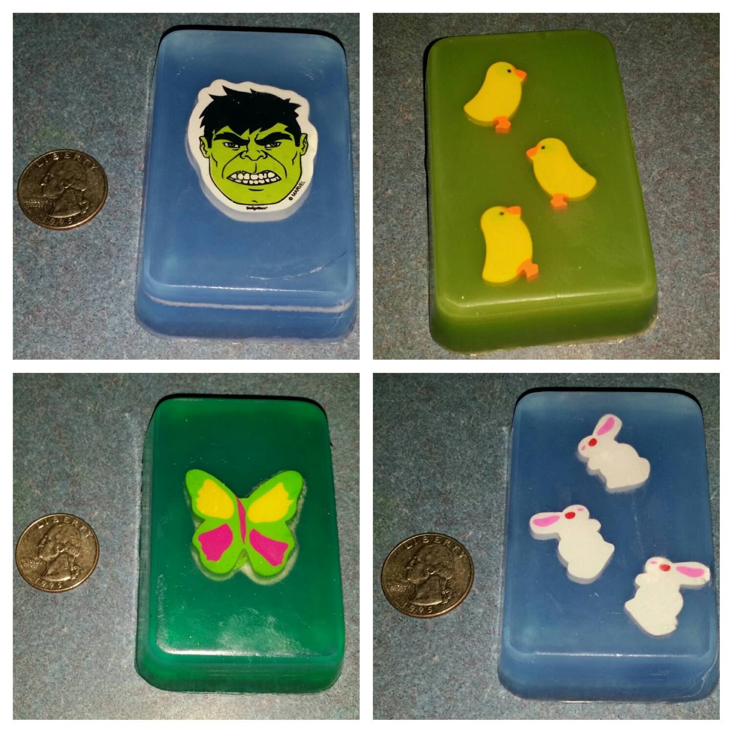 Character erasers/Toys inside soap by BathtimeIsFuntime on Etsy