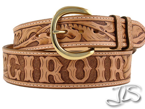 Custom Tooled Leather Name Belt Hand Carved Western Floral