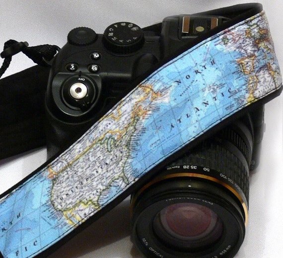 World Map Camera Strap. Blue Camera Strap. SLR, DSLR Camera Strap. Gift For Photographer.