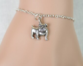 bulldog bracelet, silver dog charm , cute doggy, pet, kids bracelet, puppy lover gift, bulldog pendant, christmas gift, adjustable bracelet