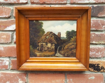 Vintage Original Oil Painting On Board European Cottage Water Wheel Hamlet