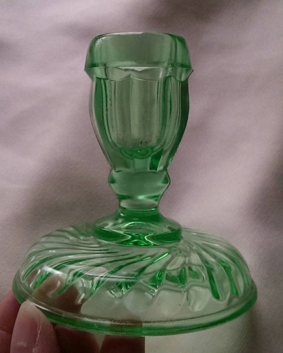 Green depression glass candlestick holder by GlassHeirlooms