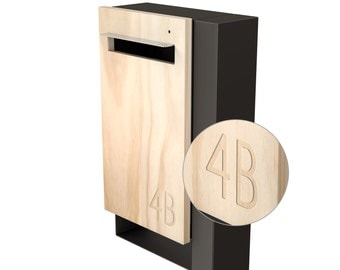 Modern Custom Mailbox - Javi Post Mount Letterbox - Charcoal Aluminium Body + Post, Stainless Steel Visor and Hardware + Timber front.