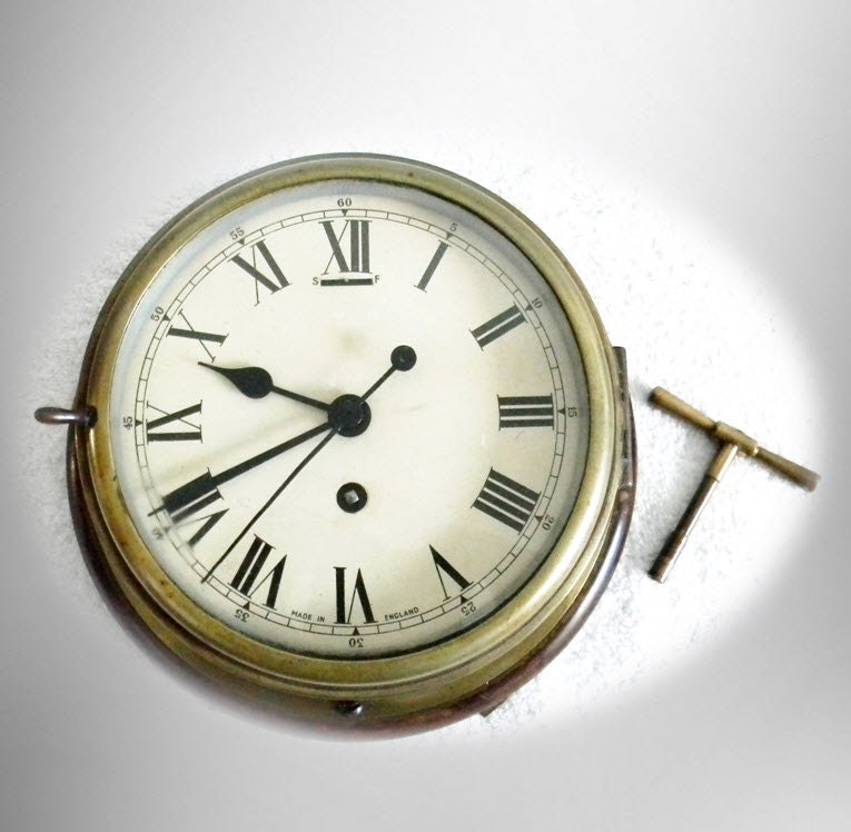 British maritime brass key wind ship clock made in England