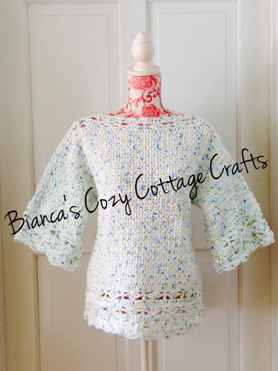 Crochet cotton sweater, handmade sweater, crochet woman sweater, 3/4 sleeves, detailed edging