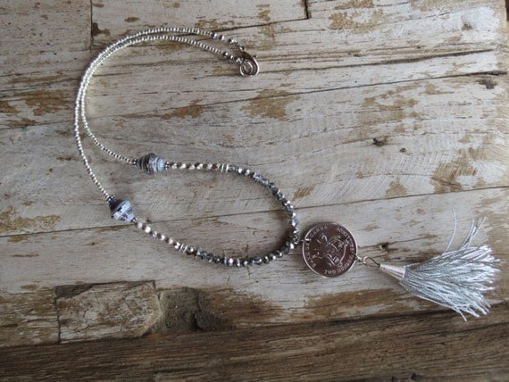 Items similar to Beaded Silver Necklace with Ugandan Coin and Grey ...