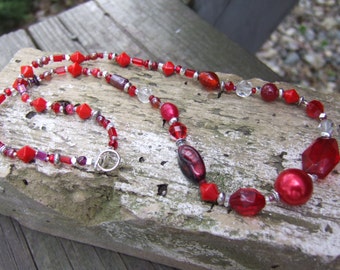 FREE SHIP! Beaded Necklace - Beautiful Red Classic Beaded 20" Necklace and 8" Bracelet Set - of Vintage and New Components