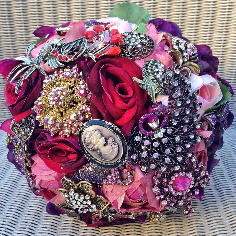 FULL PRICE (not a deposit) Red, Burgundy, Pink, and Purple Vintage Steampunk Antique Inspired Vintage Jewelled Brooch Bouquet: Katherine