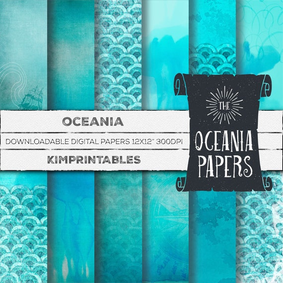 Ocean Themed Digital Paper in Sea Blue Aqua Oceania Green