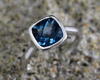 London Calling--London Blue Topaz Ring--Antique Square Checkerboard Cut London Blue Topaz Cocktail Ring--Sterling Silver Engagement Ring