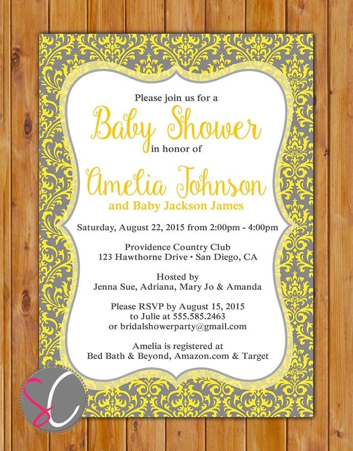 Yellow Grey Damask Baby Shower Invitation Gray Gender Neutral