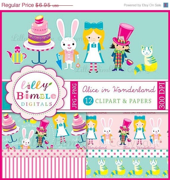 50% off Alice in Wonderland Clipart and Digital papers for cards, scrapbooking, birthday party, kawaii,INSTANT DOWNLOAD Il_570xn