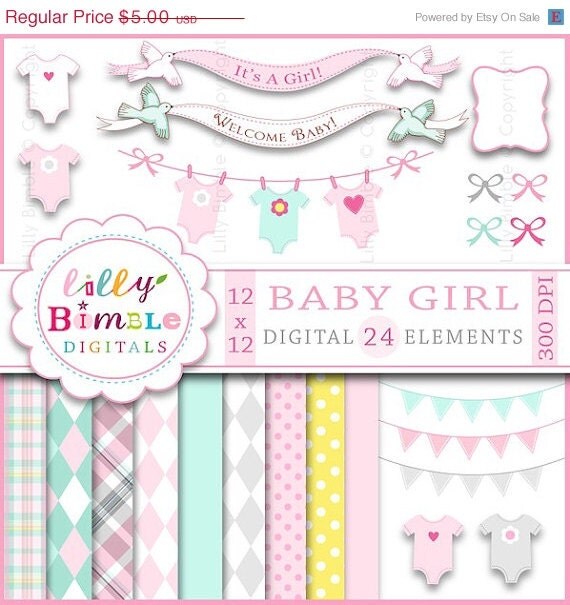 50% off Baby Girl clipart digital papers for shower invitation, clothespin line, banner, pastel pink, bunting INSTANT DOWNLOAD Il_570xn