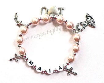 Multi Charm Bracelet YOU CHOOSE up to 5 charms, the pearl color, Personalized name Bracelet Little Girls jewelry Custom Name Bracelet