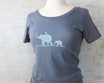 Womens Graphic Tee - Organic Cotton T Shirt - Ocean Blue T Shirt - Elephant Family T Shirt Art- Womens Tee Shirt- Organic Cotton Clothing