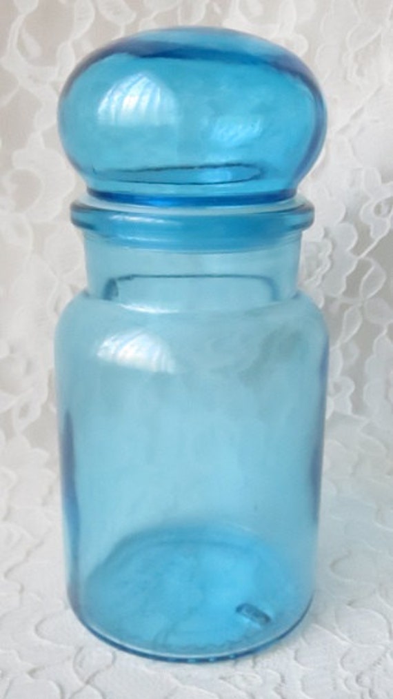 Vintage Aqua Blue Bubble Top Glass Apothecary Jar Made in