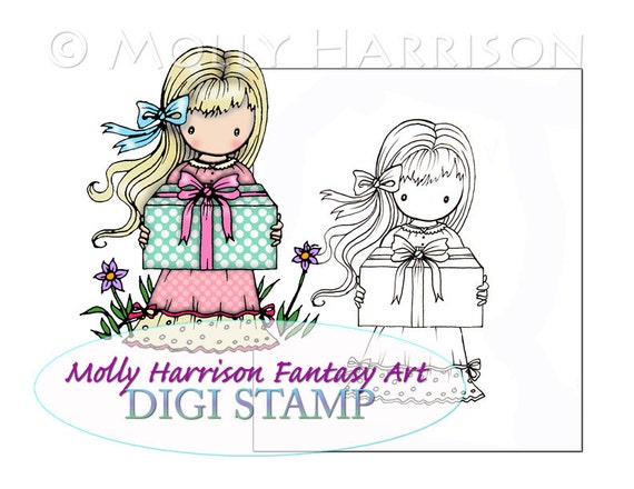 Little Birthday Girl - Digital Stamp - Printable  - Molly Harrison Fantasy Art - Digi Stamp Coloring Page - Instant Download