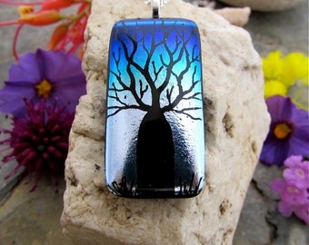 SALE Boab Tree Dichroic Pendant , Fused Glass Jewelry, Hand Etched Moonlight Rainbow