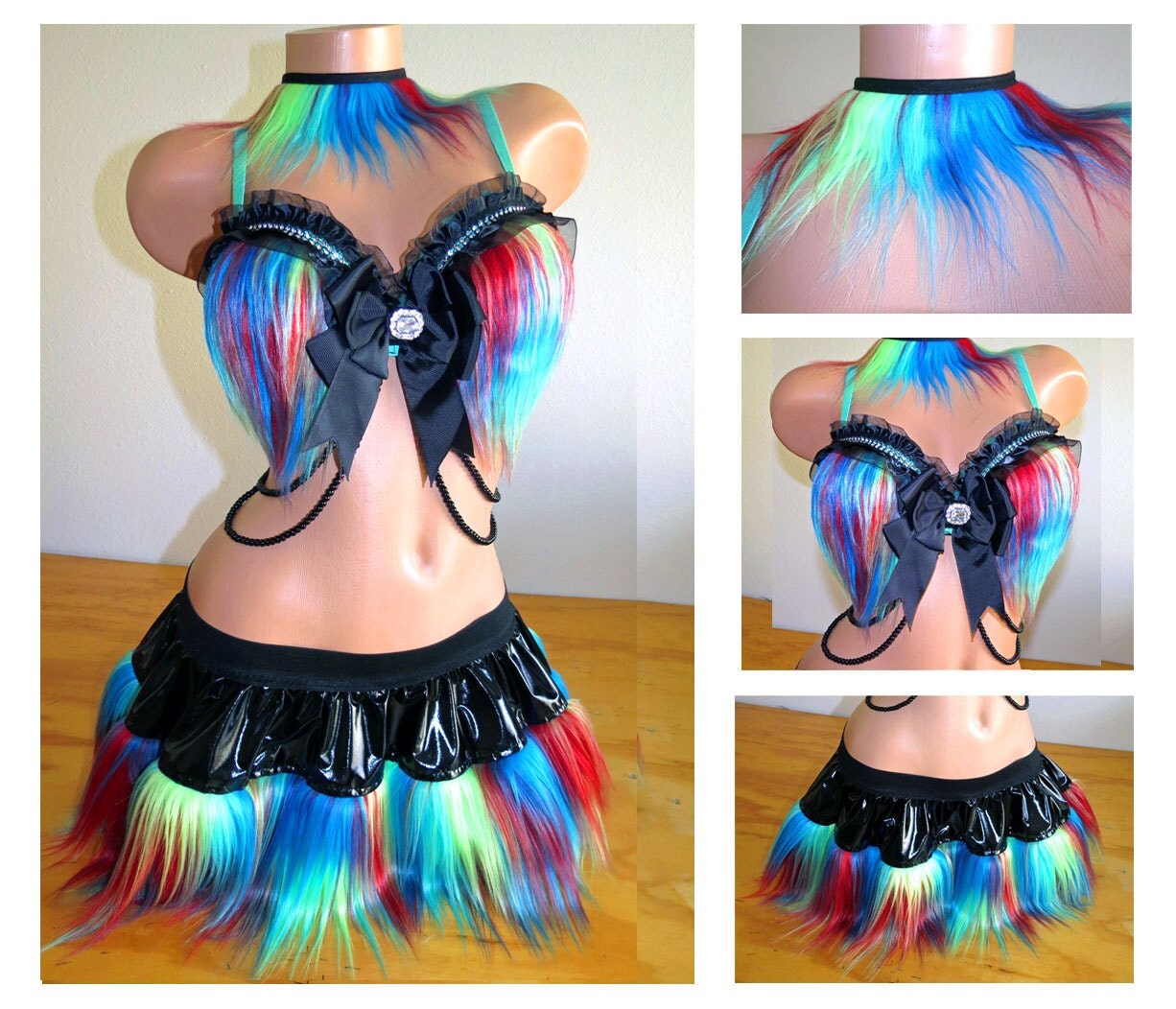 Rave Outfit Bra Skirt And Collar Aqua And Neon By VinylDolls Rave Outfit Bra Skirt And Collar Aqua And Neon By VinylDolls