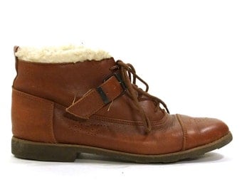 Esprit Lace Up Ankle Boots / Brown Leather with Faux Sheepskin Trim & Buckle Strap / Women's sz 7