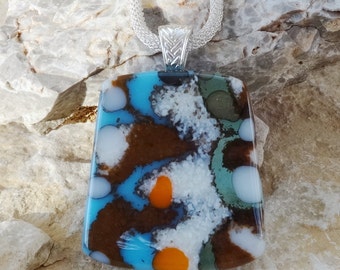 Beach Jewelry, Fused Glass Jewelry, Blue Glass Necklace, Fused Glass Pendant, Southwest Look, Stone Look Glass Pendant - Seascape