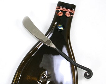 Dark Amber Wine Bottle Serving Tray with Dichroic Glass and Spreader - Recycled Eco-Friendly