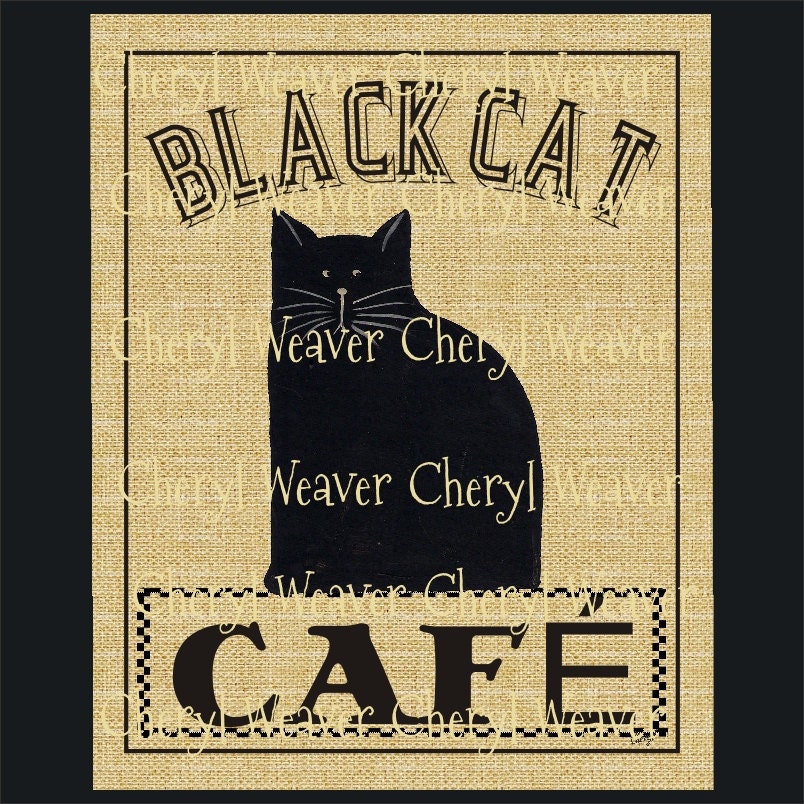 Black Cat Cafe Sign  8 by 10 Kitchen Art Vintage by 