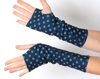 Blue arm warmers, Floral armwarmers, Blue fingerless gloves, Floral fingerless gloves, Gift for her, Stocking stuffers, MALAM