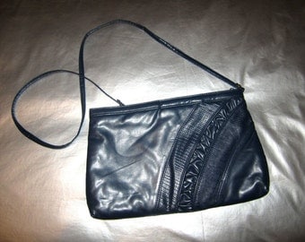 Vintage 1980's Clutch - Navy Blue Faux Leather Handbag Purse - Optional Shoulder Strap