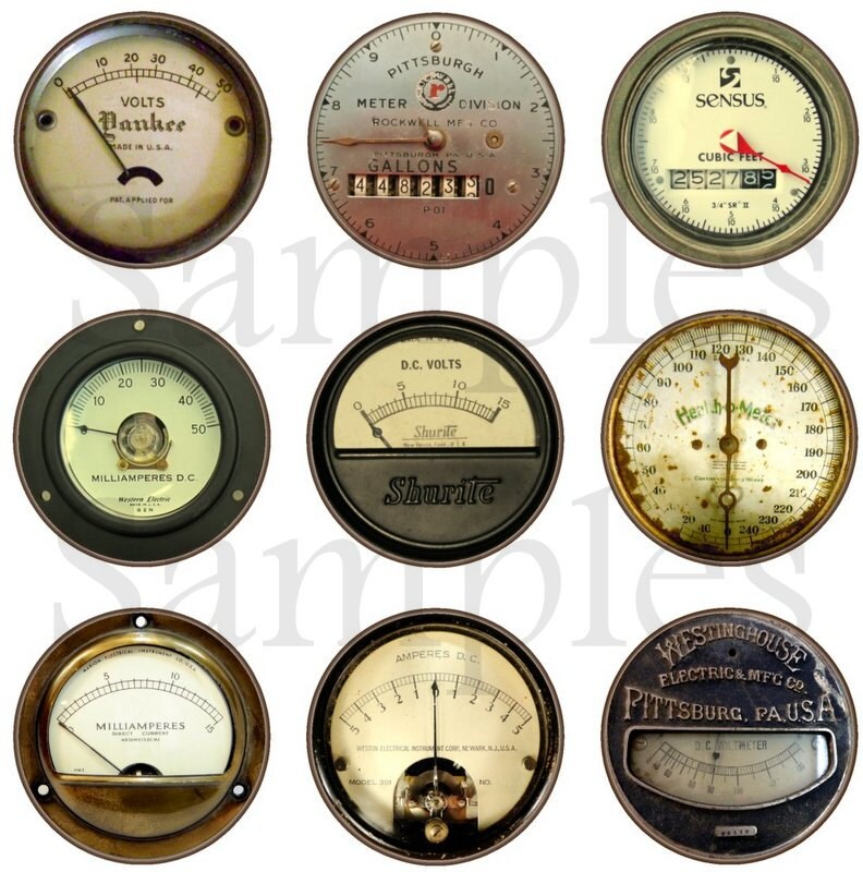 1" Inch Vintage Steampunk Meters Flatback, Pinback or Magnets 12 Ct.