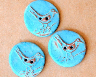 3 Big and Bold Handmade Ceramic Bird Buttons - Sweet Spring Tweets in Sky Blue glaze over Brown Clay
