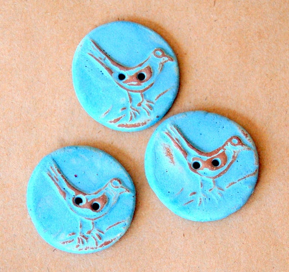 3 Big and Bold Handmade Ceramic Bird Buttons - Sweet Spring Tweets in Sky Blue glaze over Brown Clay